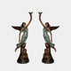 Giant Sculptures Life-Size Classical Winged Angel Pair Floor Lamp Bronze Sculpture 250cm, mirrored figures with verdigris drapery raising frosted globe lamps.