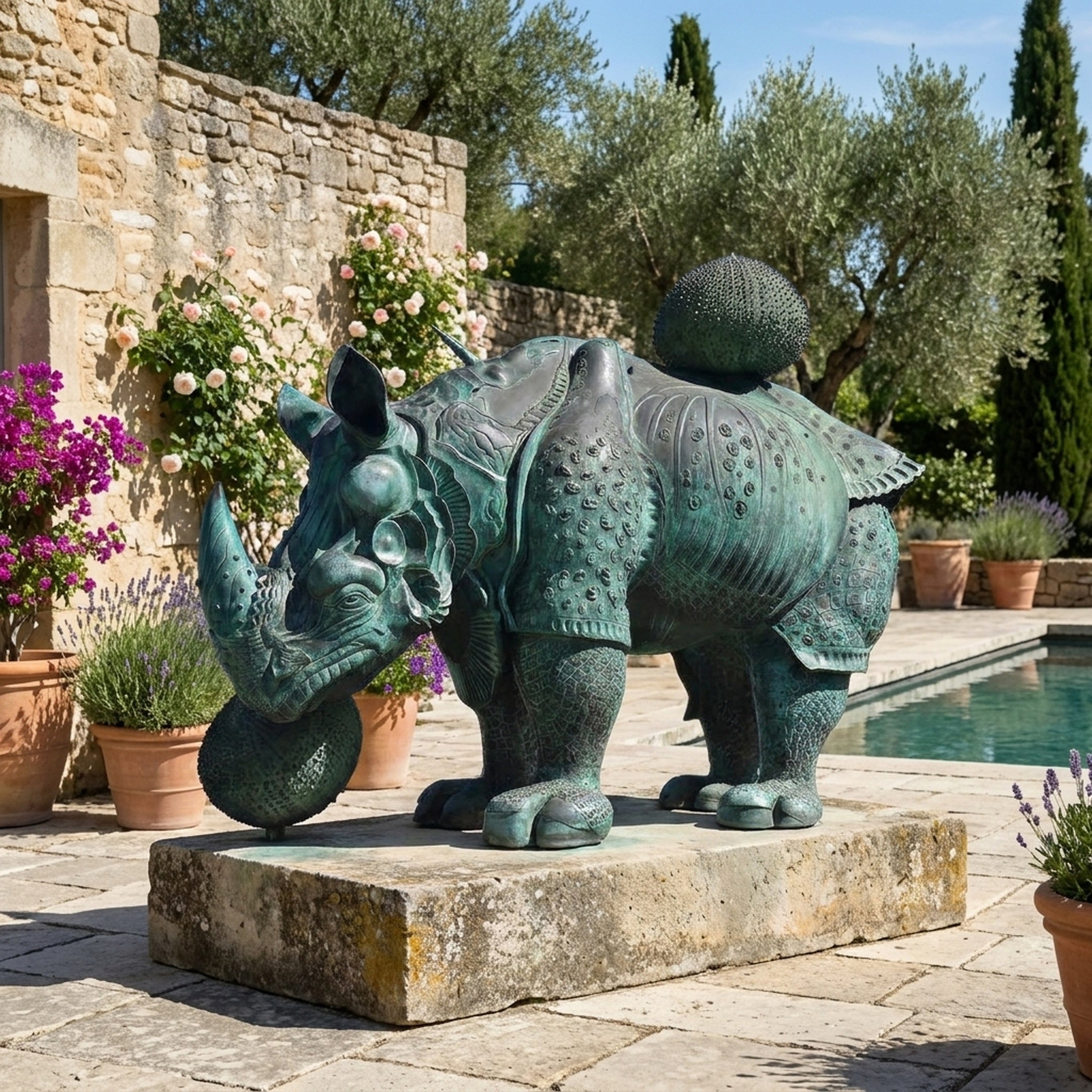 Life-Size Contemporary Armoured Rhinoceros Bronze Sculpture by Giant Sculptures with verdigris patina on a stone plinth beside a poolside Mediterranean terrace.
