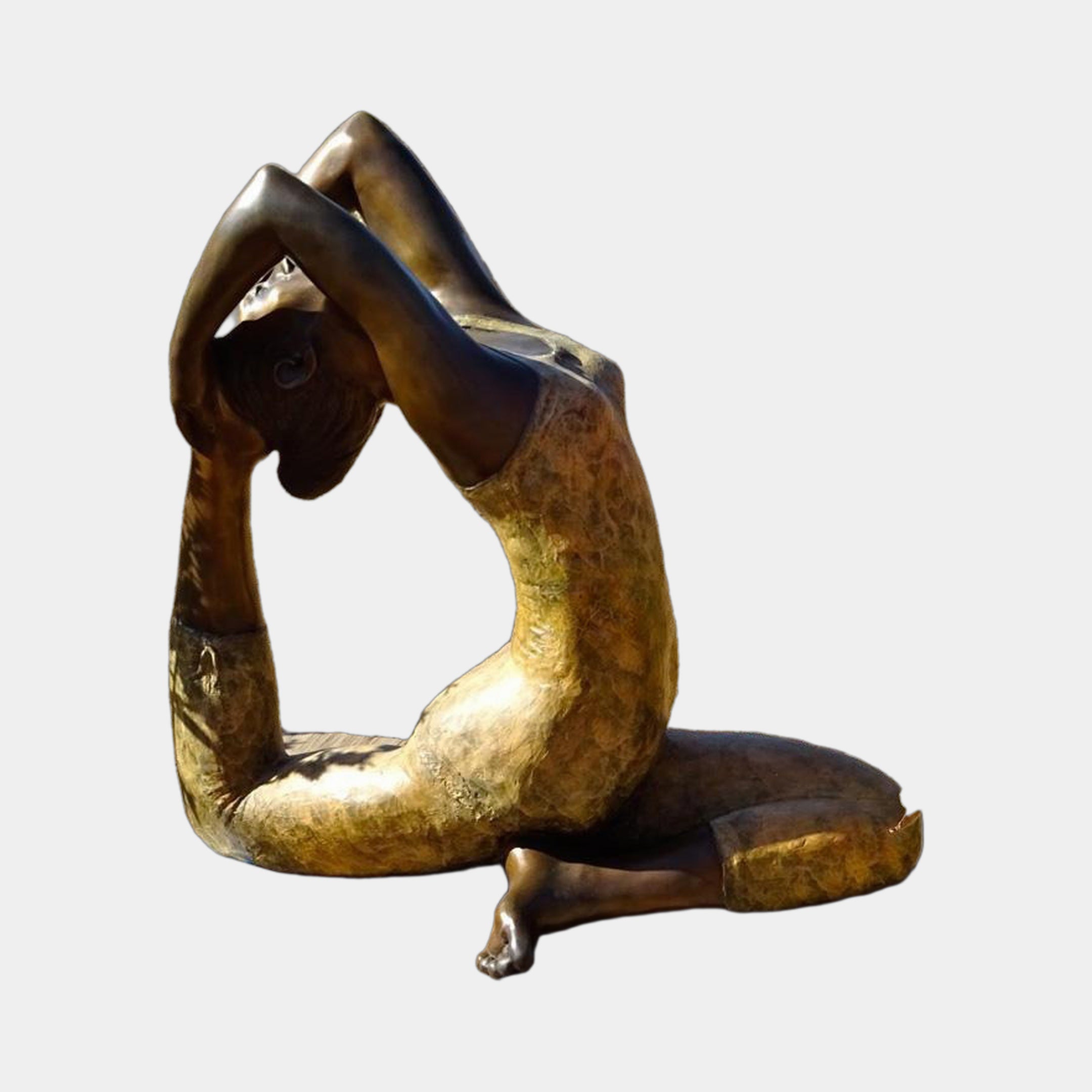 Giant Sculptures Life-Size Contemporary Backbend Figure Bronze Sculpture in warm golden-brown patina, kneeling with arched torso and clasped hands behind head.