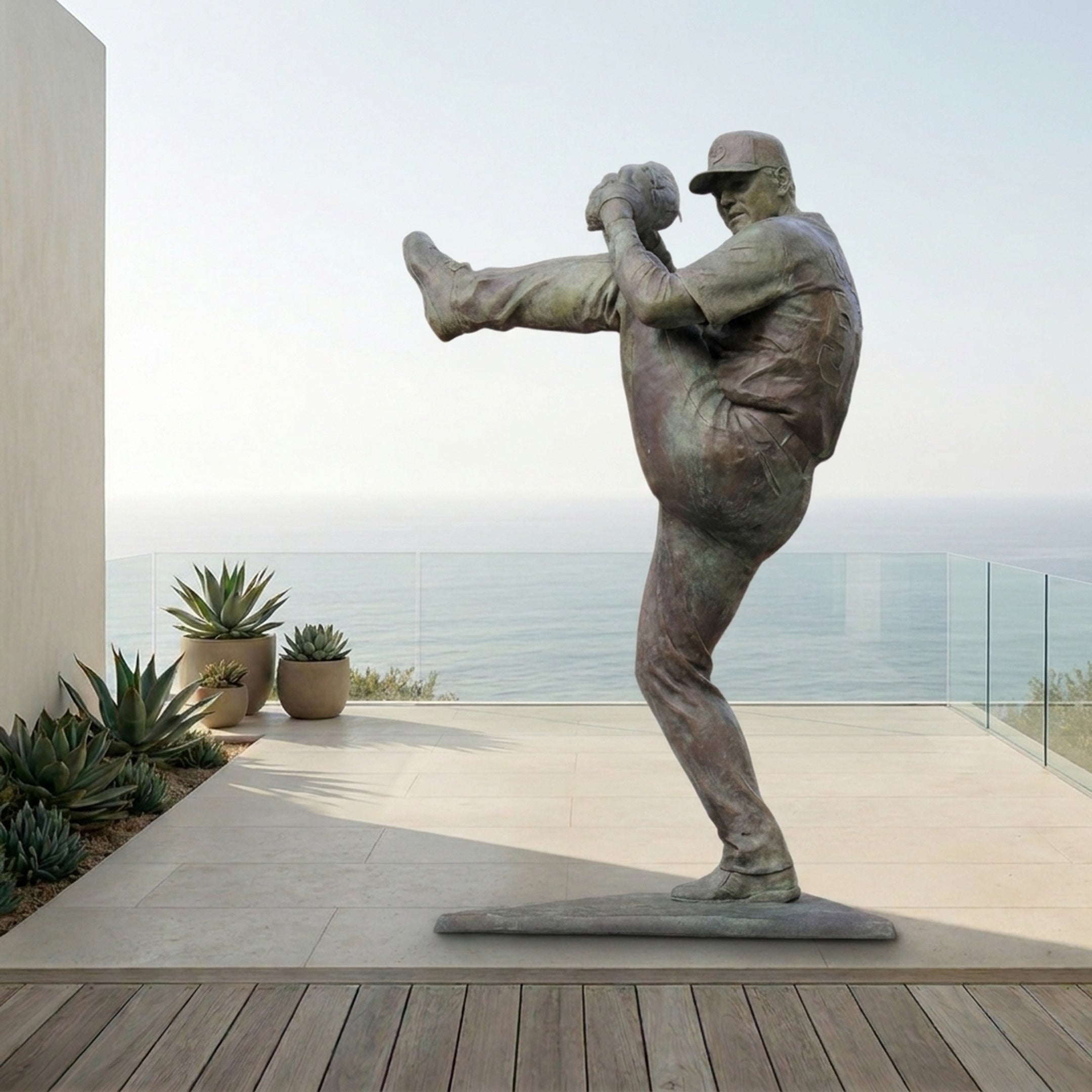 Life-Size Contemporary Baseball Pitcher Bronze Sculpture 240cm by Giant Sculptures, shown mid wind-up with knee raised, on an oceanview terrace with succulents.