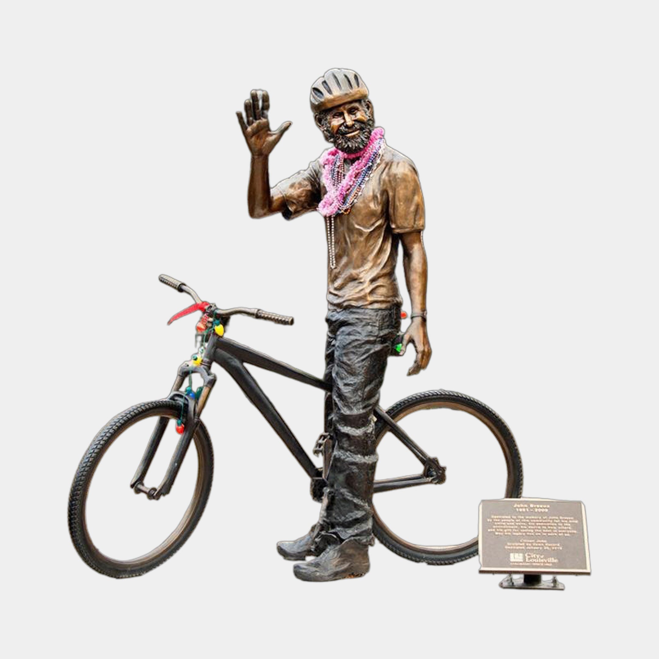 Life-Size Contemporary Bearded Cyclist and Bicycle Bronze Sculpture by Giant Sculptures, waving figure in helmet beside bike with beads, on plain background.