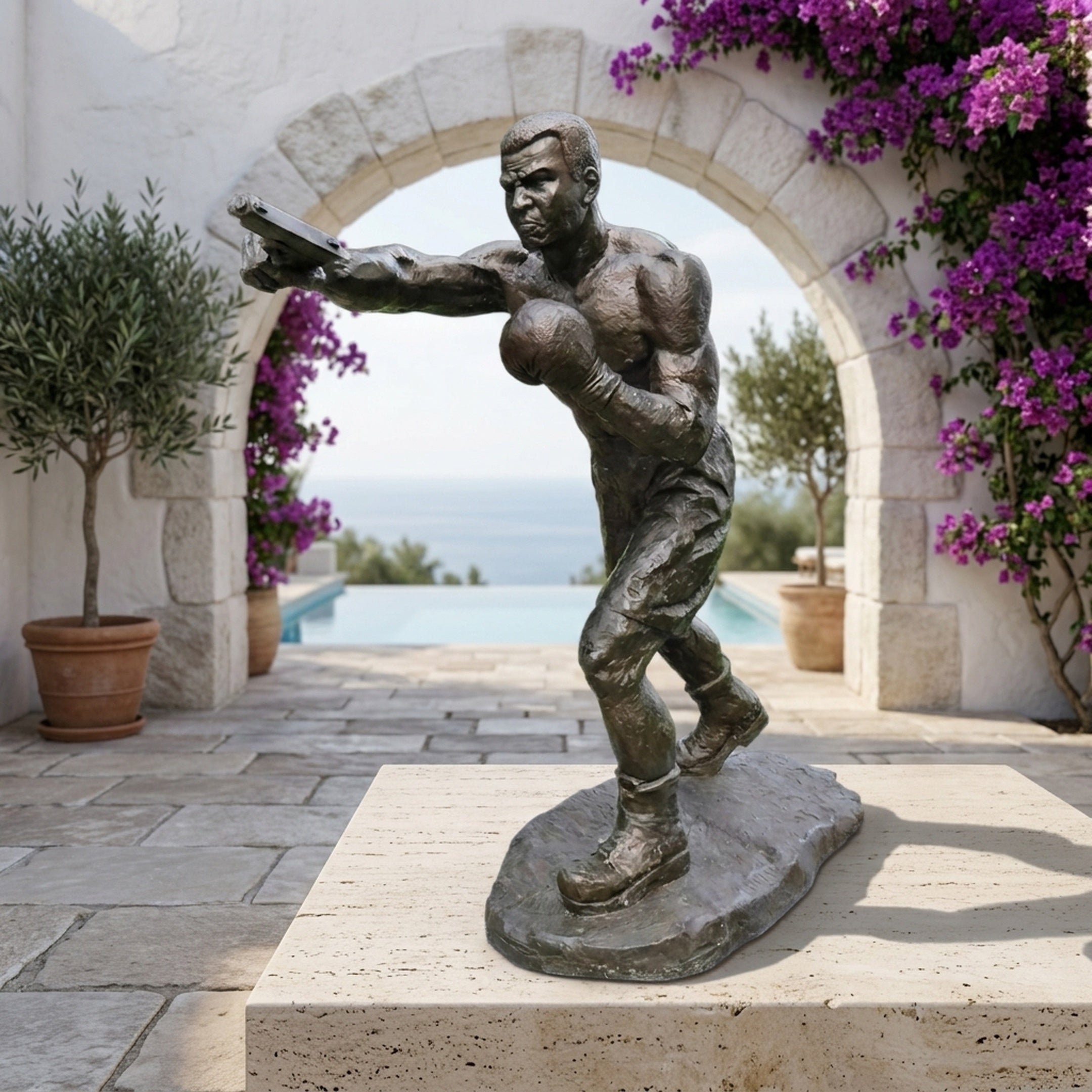 Life-Size Contemporary Boxer Bronze Sculpture by Giant Sculptures, mid-punch with left arm extended, displayed on a stone plinth by an archway and pool.