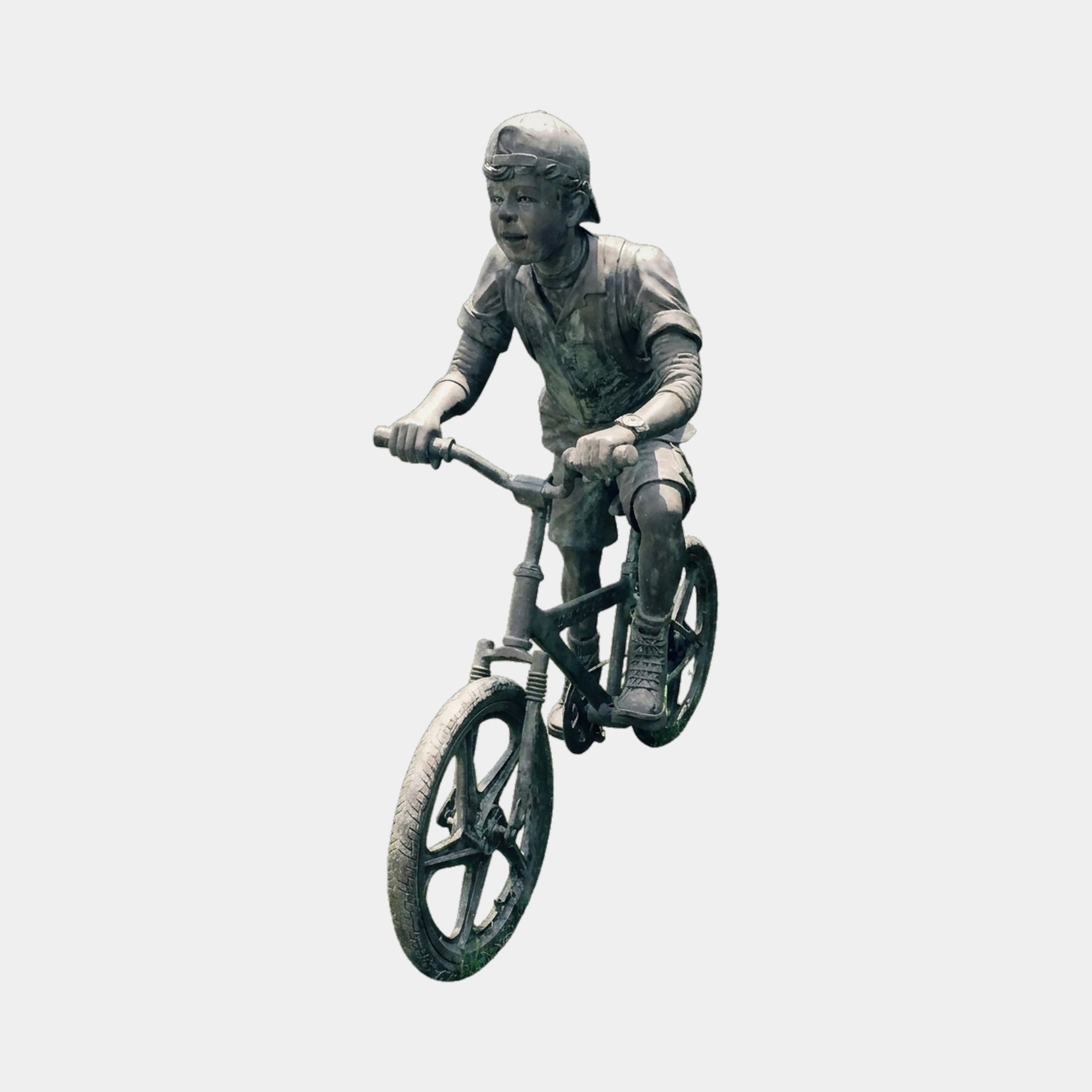 Giant Sculptures' Life-Size Contemporary Boy on BMX Bicycle Bronze Sculpture, 130cm, shown mid-wheelie with reversed cap and antique brown-green patina on a plain background.