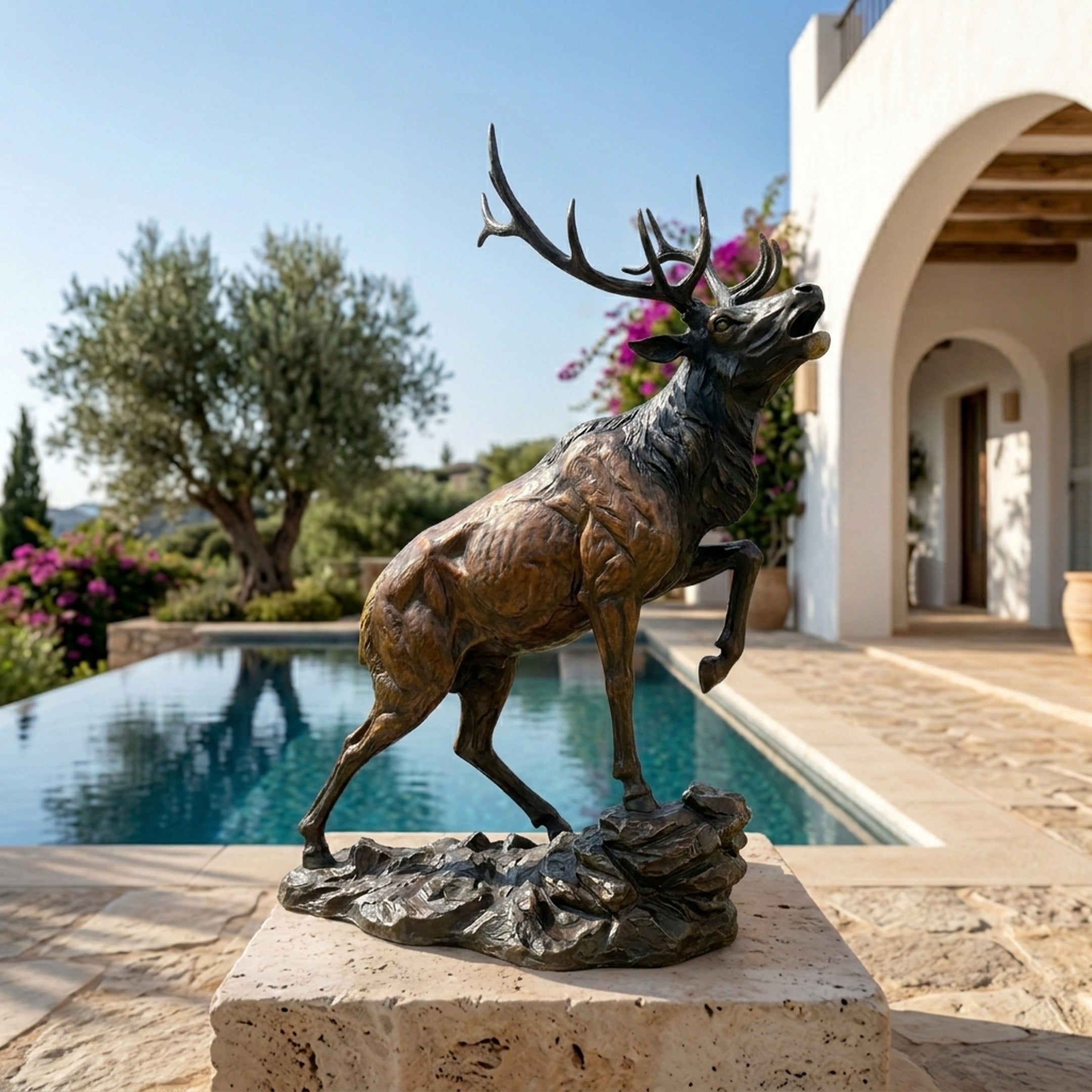 Life-Size Contemporary Bugling Elk Bronze Sculpture by Giant Sculptures, head raised mid-bugle with foreleg lifted on a rocky base, displayed poolside by a villa.
