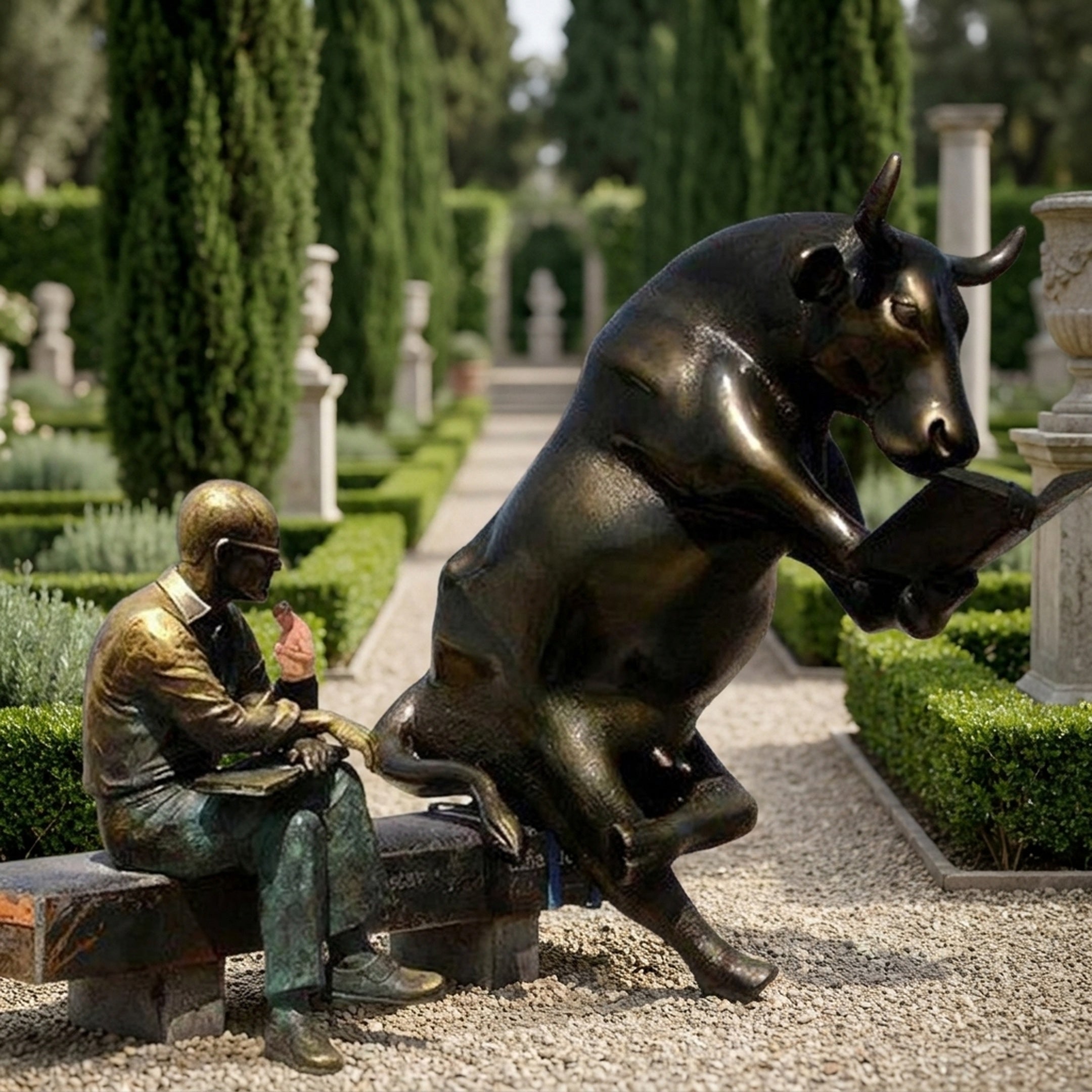 Life-Size Contemporary Bull and Man Reading Bronze Sculpture by Giant Sculptures, dark patinated rearing bull and golden seated reader sharing a bench in a formal garden.