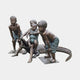 Life-Size Contemporary Children and Crocodile Bronze Sculpture by Giant Sculptures, showing four children in swimwear gathered around a crocodile with warm brown and verdigris patina.