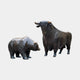 Life-Size Contemporary Confronting Bulls Bronze Sculpture by Giant Sculptures, featuring a standing bull and a bear in dark bronze patina on a plain background.