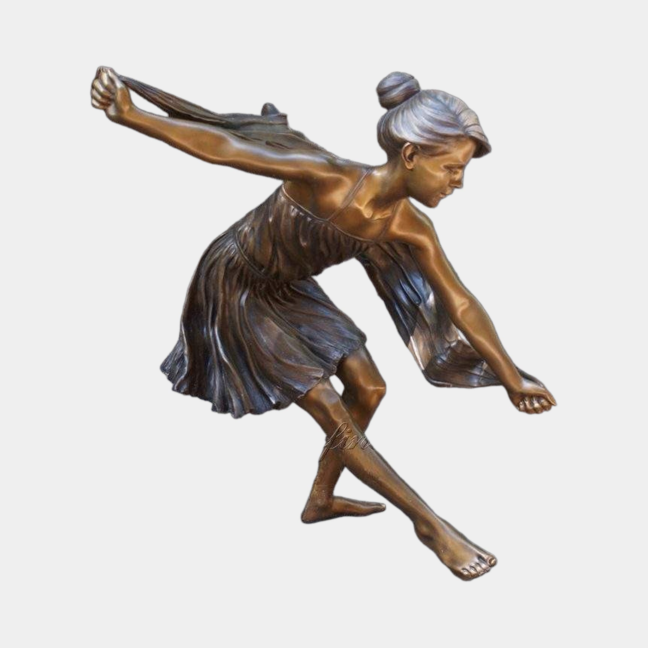 Life-Size Contemporary Dancing Girl Bronze Sculpture from Giant Sculptures, shown mid-leap with arms outstretched and skirt flowing, warm brown patina, on a plain background.