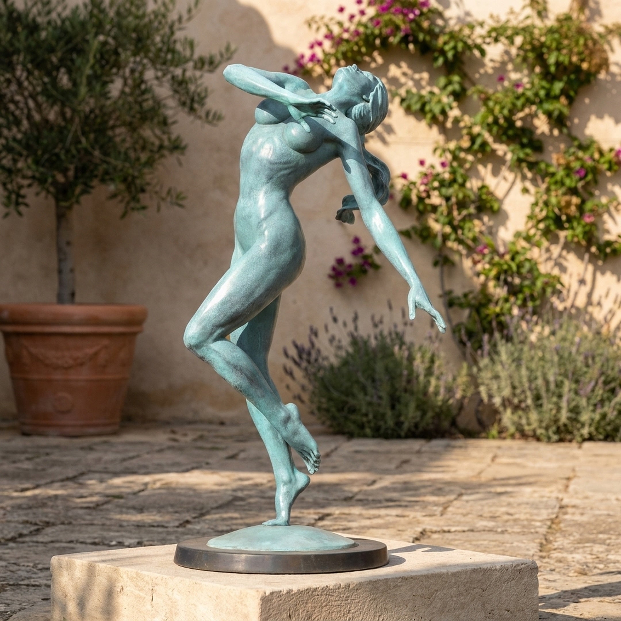 Life-Size Contemporary Dancing Nude Female Bronze Sculpture by Giant Sculptures in verdigris patina, arching backward on tiptoe in a sunlit courtyard.