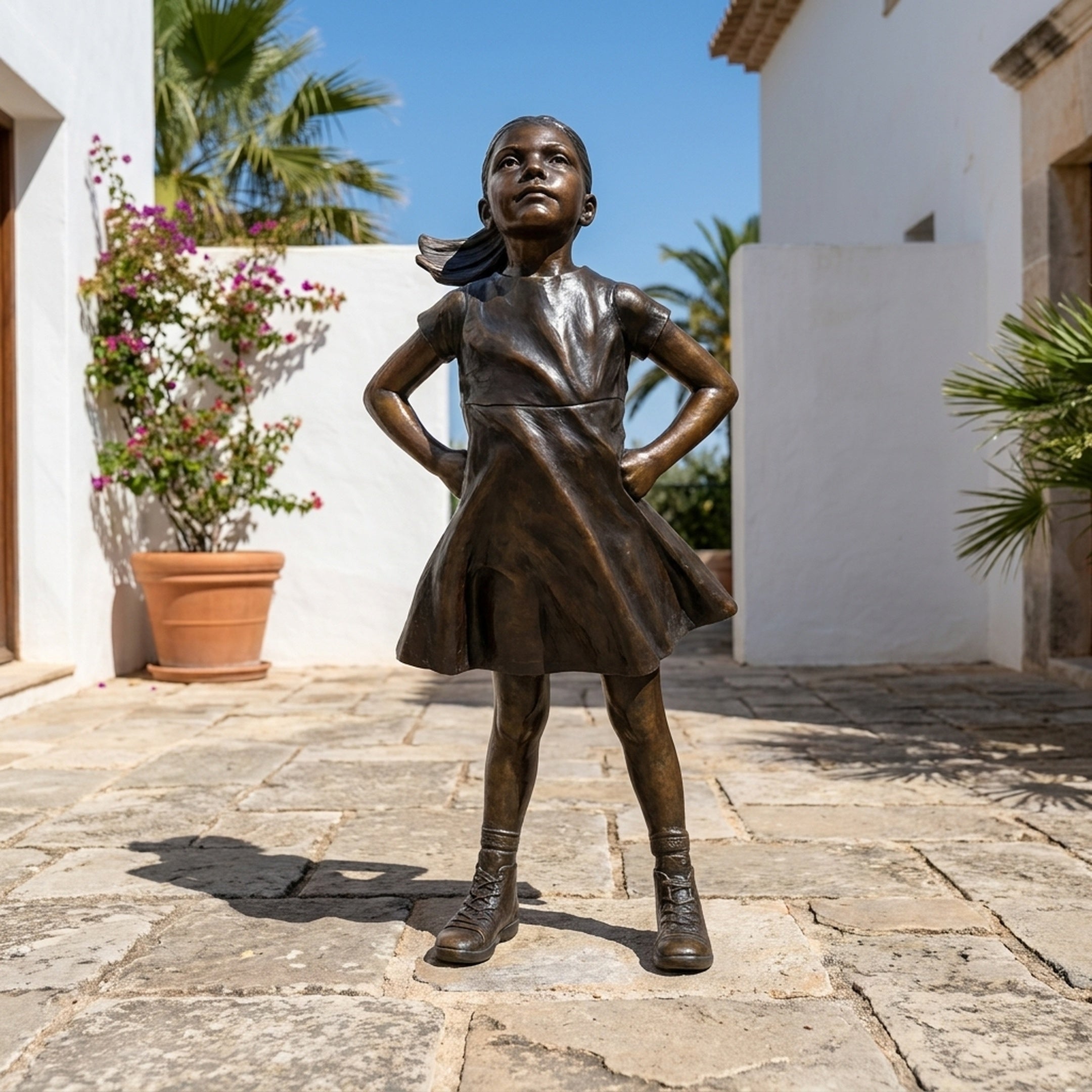 Life-Size Contemporary Defiant Girl Bronze Sculpture by Giant Sculptures, hands on hips with chin raised, displayed on stone paving beside whitewashed walls.