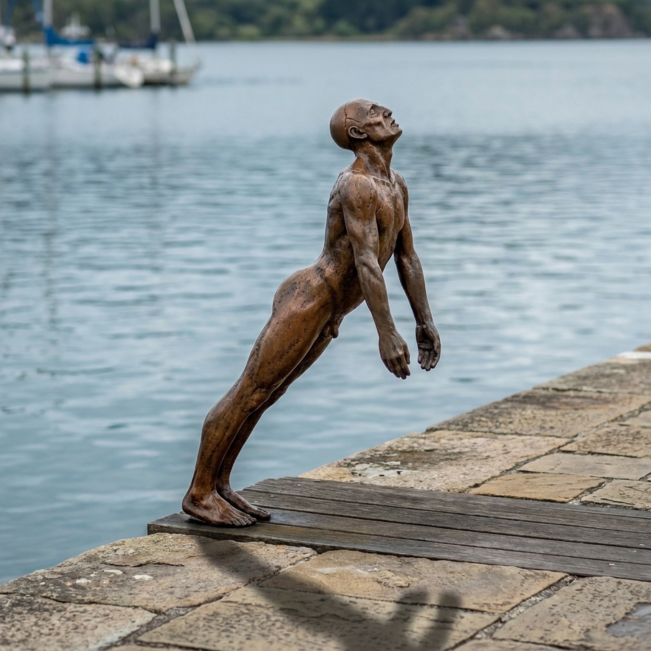 Life-Size Contemporary Diver Bronze Sculpture by Giant Sculptures, nude male figure leaning forward on a timber dock edge at the water, warm reddish-brown patina.