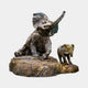 Life-Size Contemporary Elephant Bronze Fountain by Giant Sculptures, showing an adult elephant seated with trunk raised beside a standing calf on a sculpted rock base.