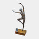 Life-Size Contemporary Female Dancer Bronze Sculpture by Giant Sculptures in dark patina, posed on one leg with arms raised, on a bronze plinth.