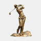 Giant Sculptures Life-Size Contemporary Female Golfer Bronze Sculpture in golden-brown patina, shown mid follow-through swing on a cast rocky base against a plain background.