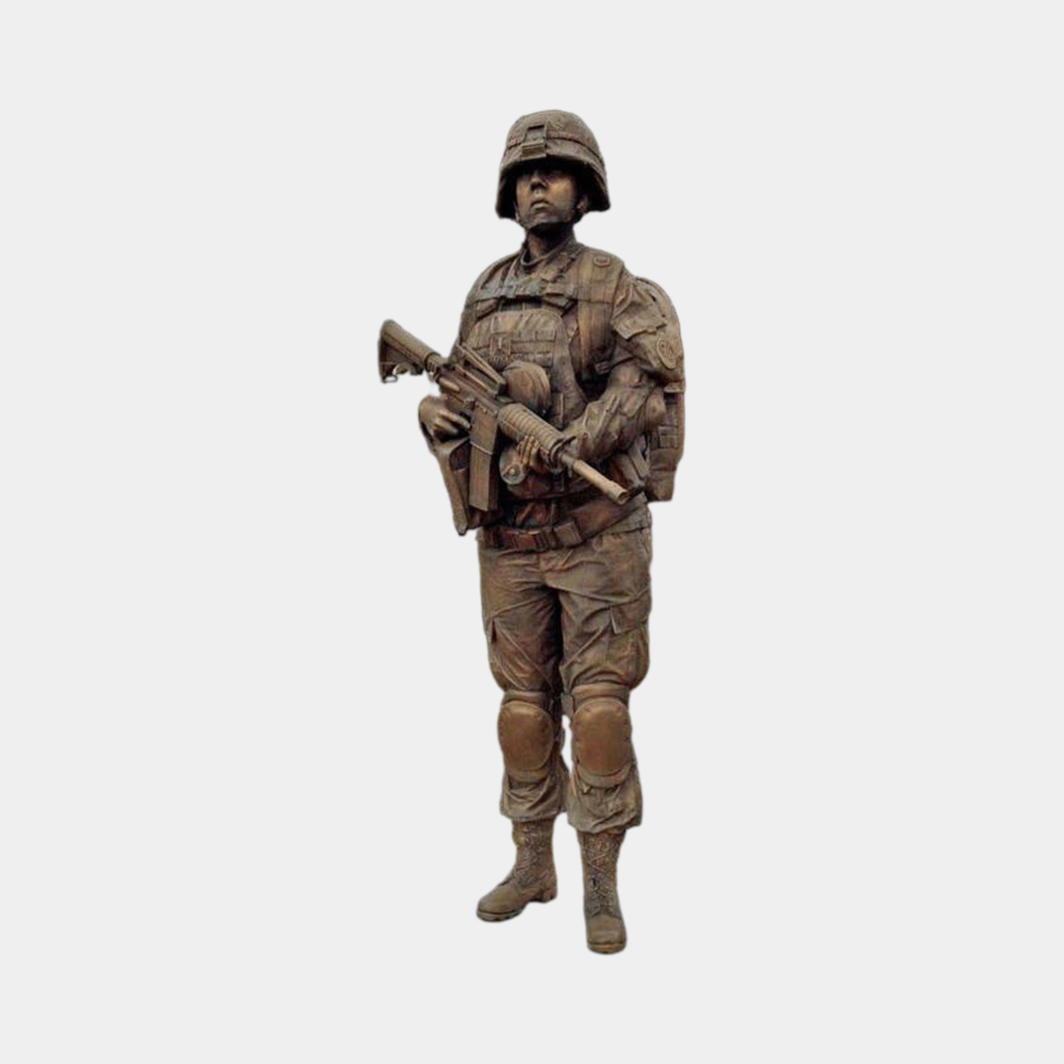Life-Size Contemporary Female Soldier Bronze Statue by Giant Sculptures, 210cm, shown front-facing in full combat kit with rifle held across the chest.