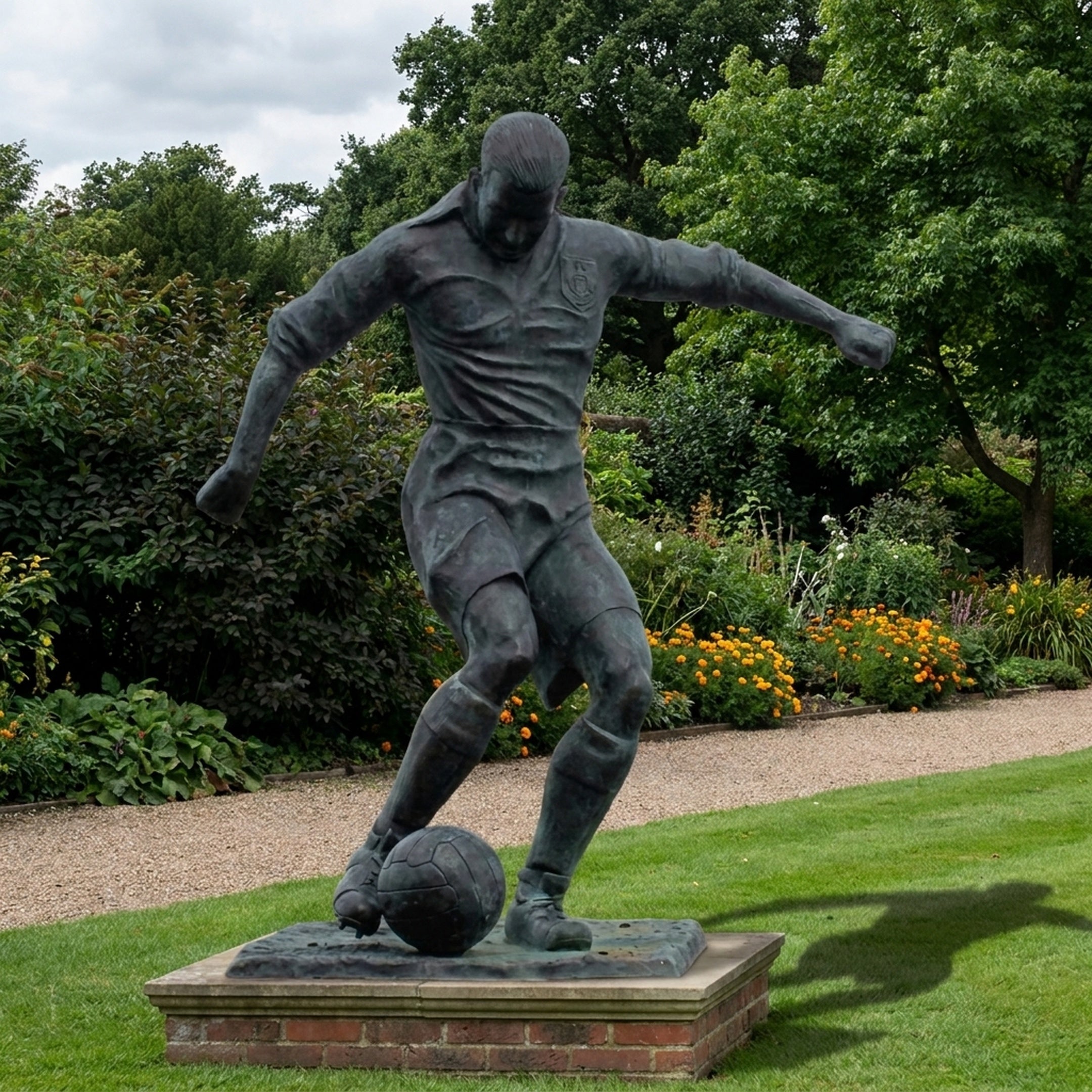 Life-Size Contemporary Football Player Bronze Sculpture by Giant Sculptures, mid-kick pose with dark patina, set on a brick plinth in a garden with flowers.