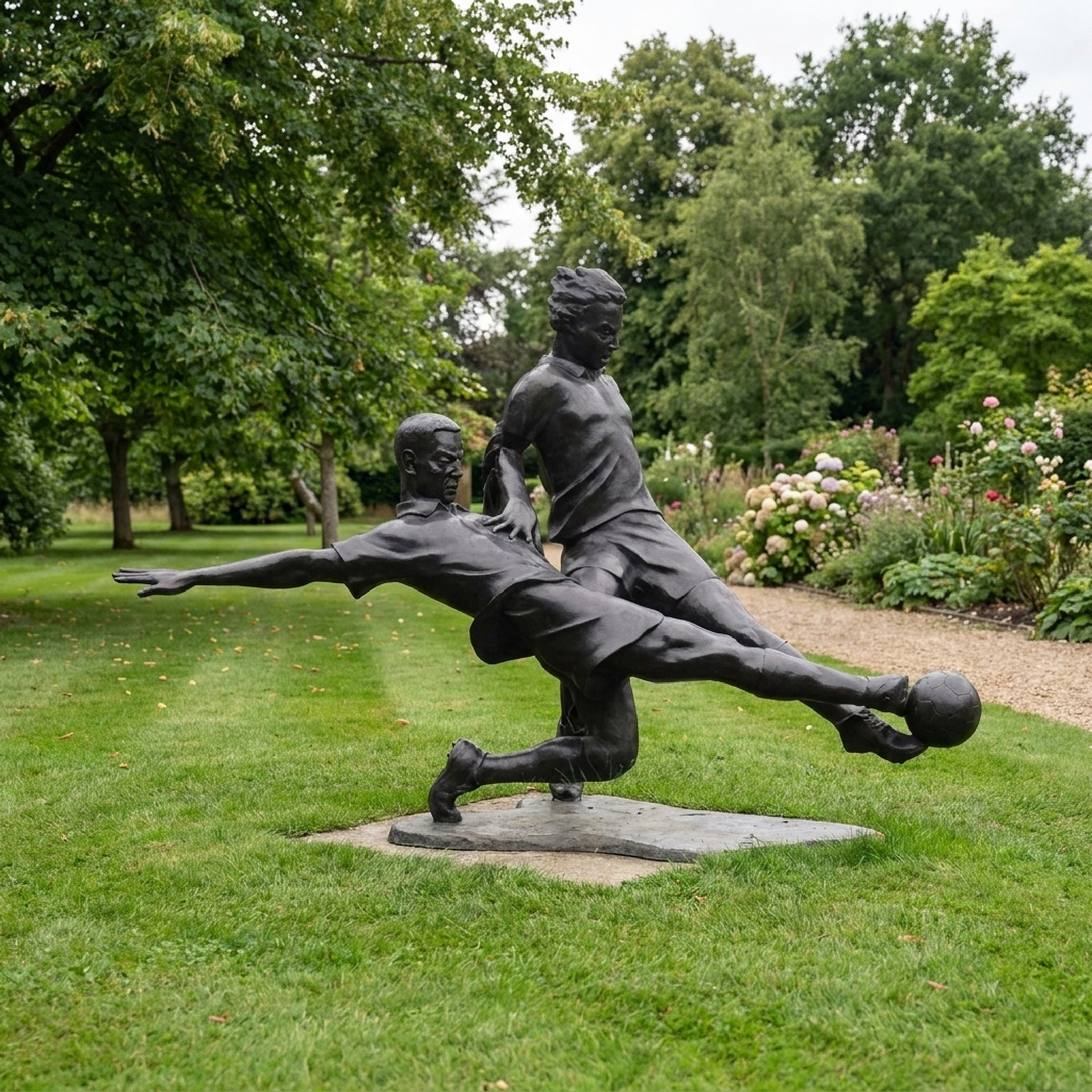 Life-Size Contemporary Football Players Bronze Sculpture by Giant Sculptures, dark patina tackle scene on a low base, displayed on a garden lawn.