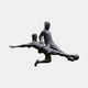Life-Size Contemporary Football Players Bronze Sculpture by Giant Sculptures, dark patina figures mid-tackle with one airborne striking the ball, on plain background.