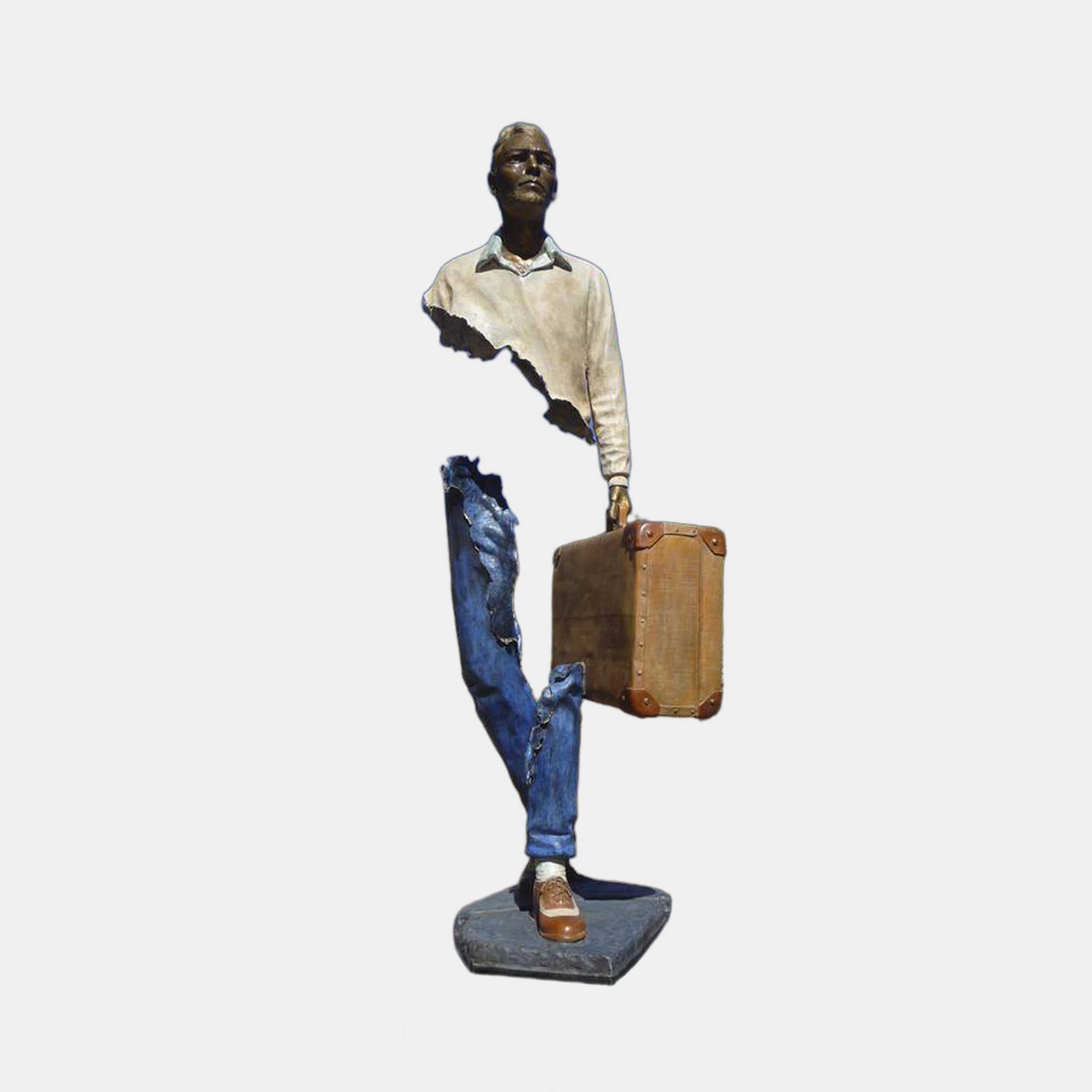 Giant Sculptures Life-Size Contemporary Fragmentary Traveller Bronze Sculpture 210cm, walking man with suitcase, missing torso, polychrome finish on plain background.