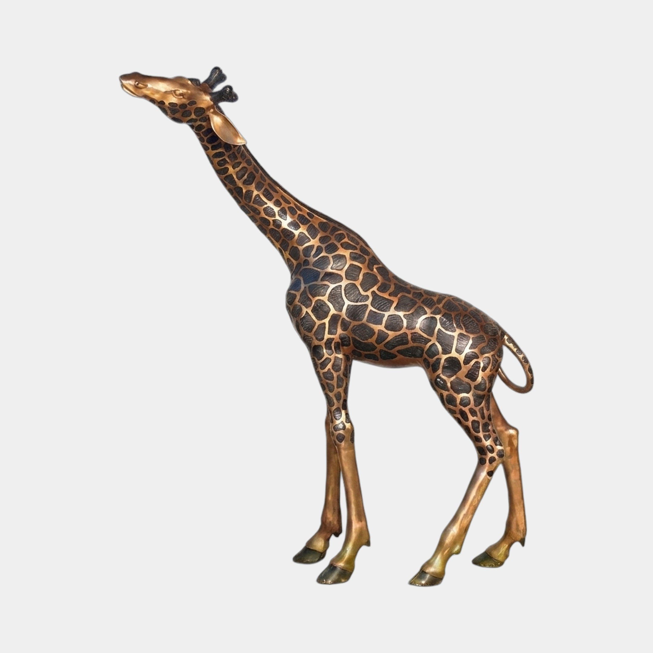 Life-Size Contemporary Giraffe Bronze Sculpture by Giant Sculptures shown in side profile with head raised, featuring two-tone gold and dark patina on a plain background.