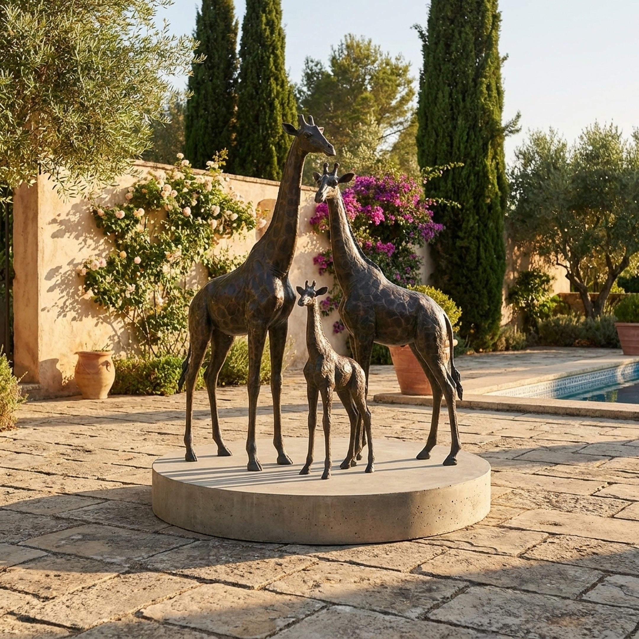 Life-Size Contemporary Giraffe Family Group Bronze Sculpture by Giant Sculptures on a circular base, displayed on a Mediterranean poolside terrace.