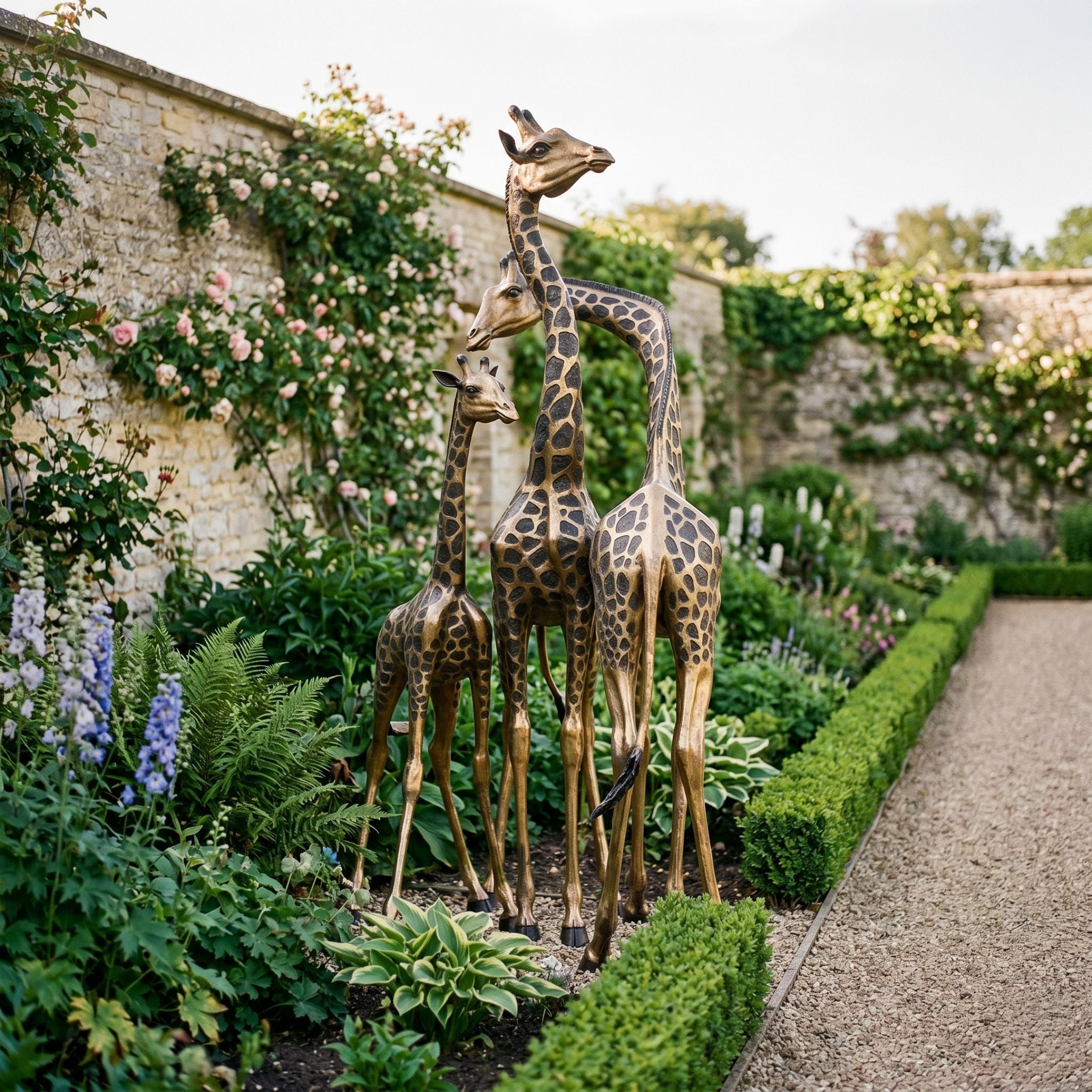 Life-Size Contemporary Giraffe Family Group Bronze Sculpture by Giant Sculptures, 250cm, displayed in a walled rose garden beside a gravel path and box hedging.