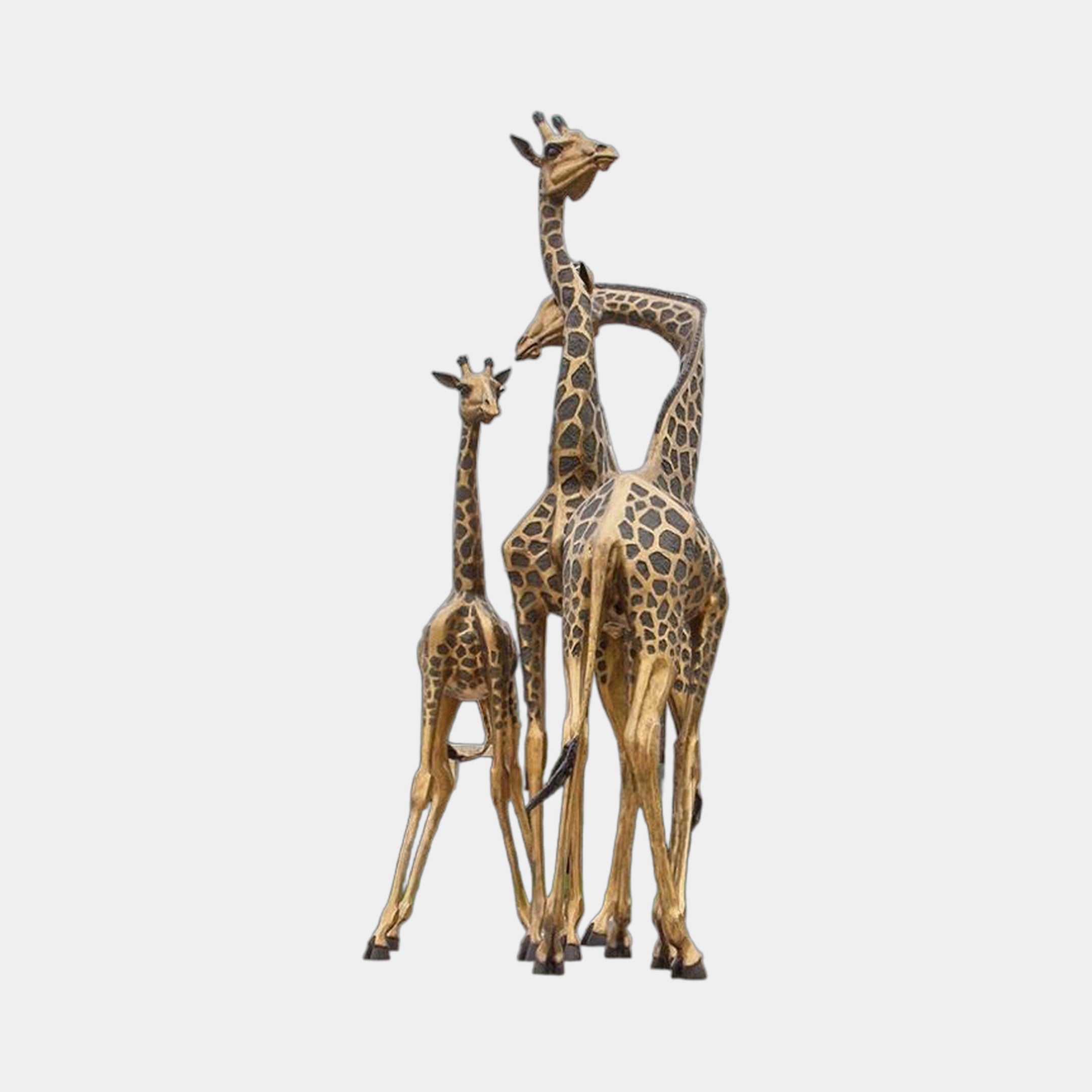 Life-Size Contemporary Giraffe Family Group Bronze Sculpture by Giant Sculptures, showing two adults and a juvenile with golden-bronze and black patina markings.