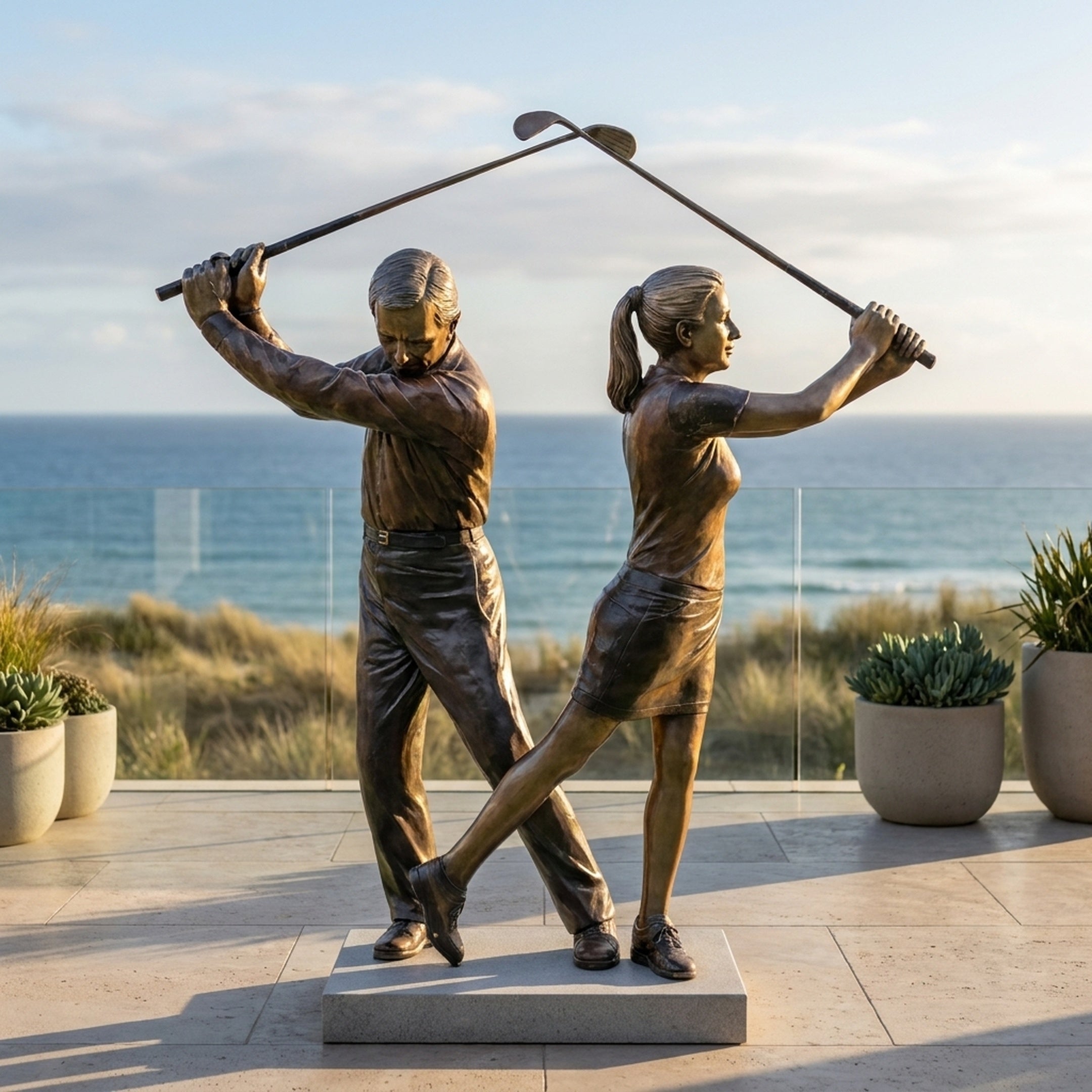 Life-Size Contemporary Golfer Duo Bronze Sculpture 220cm by Giant Sculptures, male and female figures back-to-back mid-swing with clubs crossed above, by the sea.