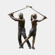 Life-Size Contemporary Golfer Duo Bronze Sculpture by Giant Sculptures, male and female figures back-to-back in mid-swing with clubs arcing overhead.