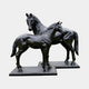 Life-Size Contemporary Horse Bronze Sculpture Pair by Giant Sculptures in high-gloss black patina, standing side by side on rectangular plinths against a plain background.