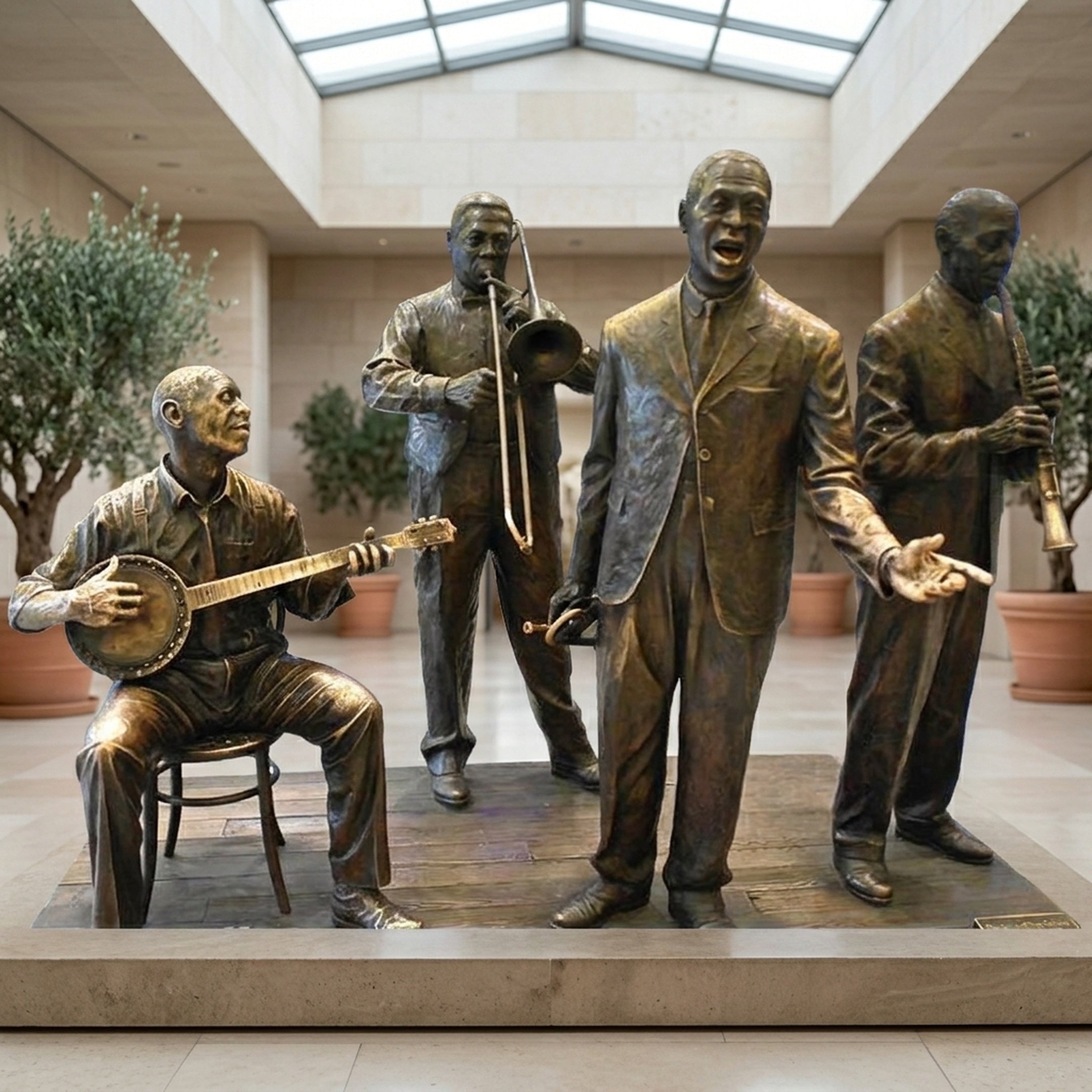 Life-Size Contemporary Jazz Band Bronze Sculpture from Giant Sculptures, showing four patinated musicians with banjo, trombone, vocalist, and wind instrument in a sunlit atrium.