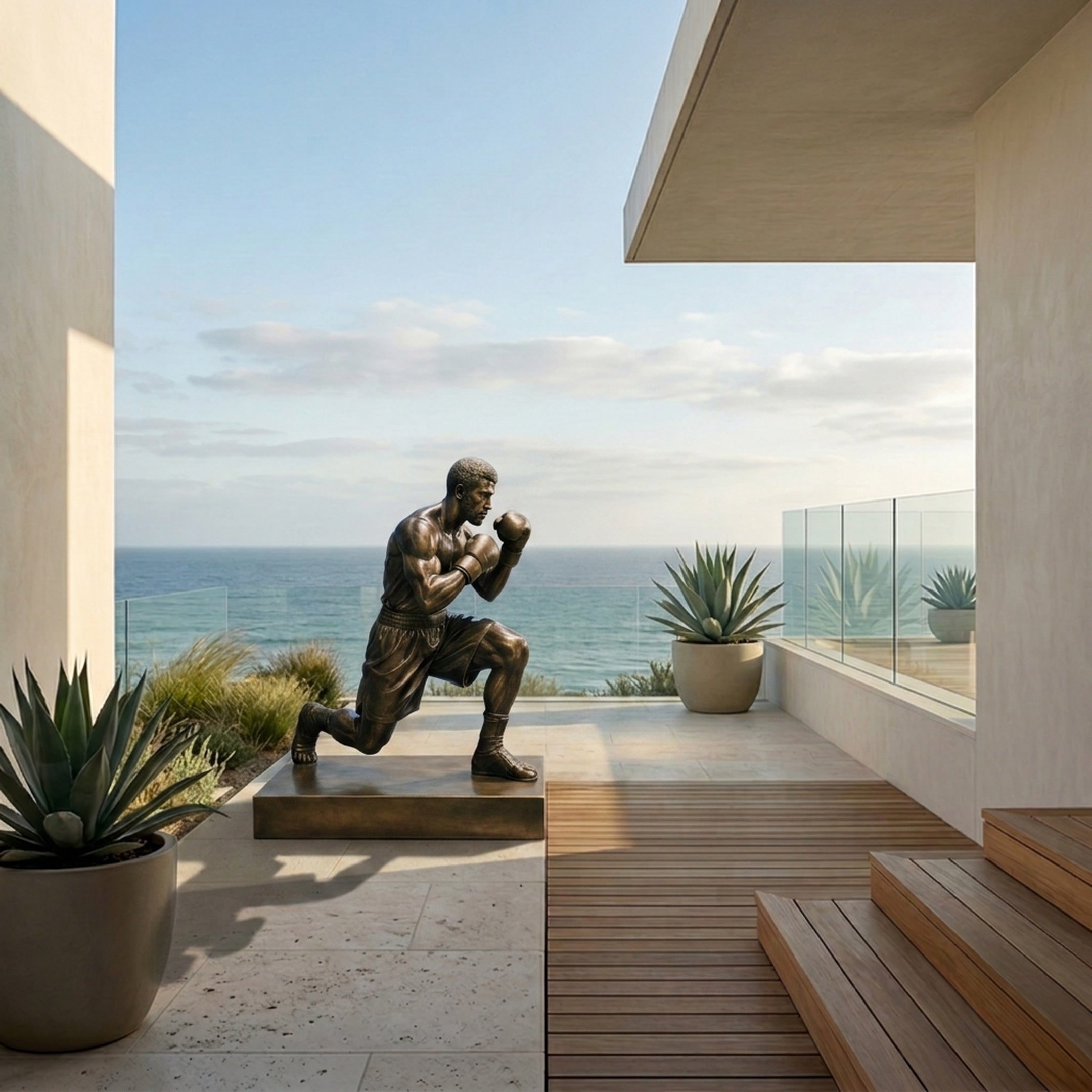 Life-Size Contemporary Kneeling Boxer Bronze Sculpture by Giant Sculptures on a seaside terrace with agave planters, glass railing, and ocean views.