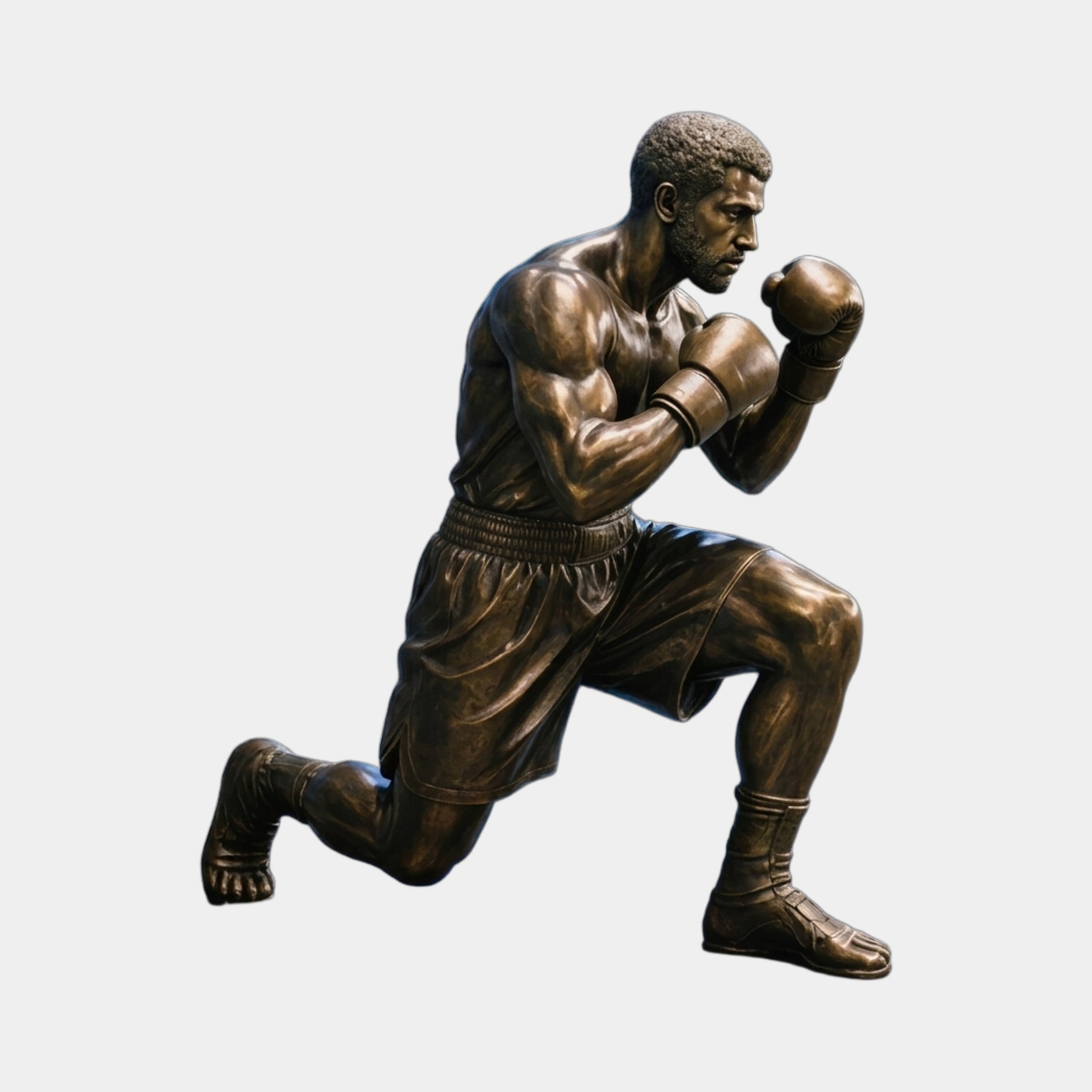 Life-Size Contemporary Kneeling Boxer Bronze Sculpture by Giant Sculptures shown in side profile with raised gloves and forward lunge stance on a plain background.
