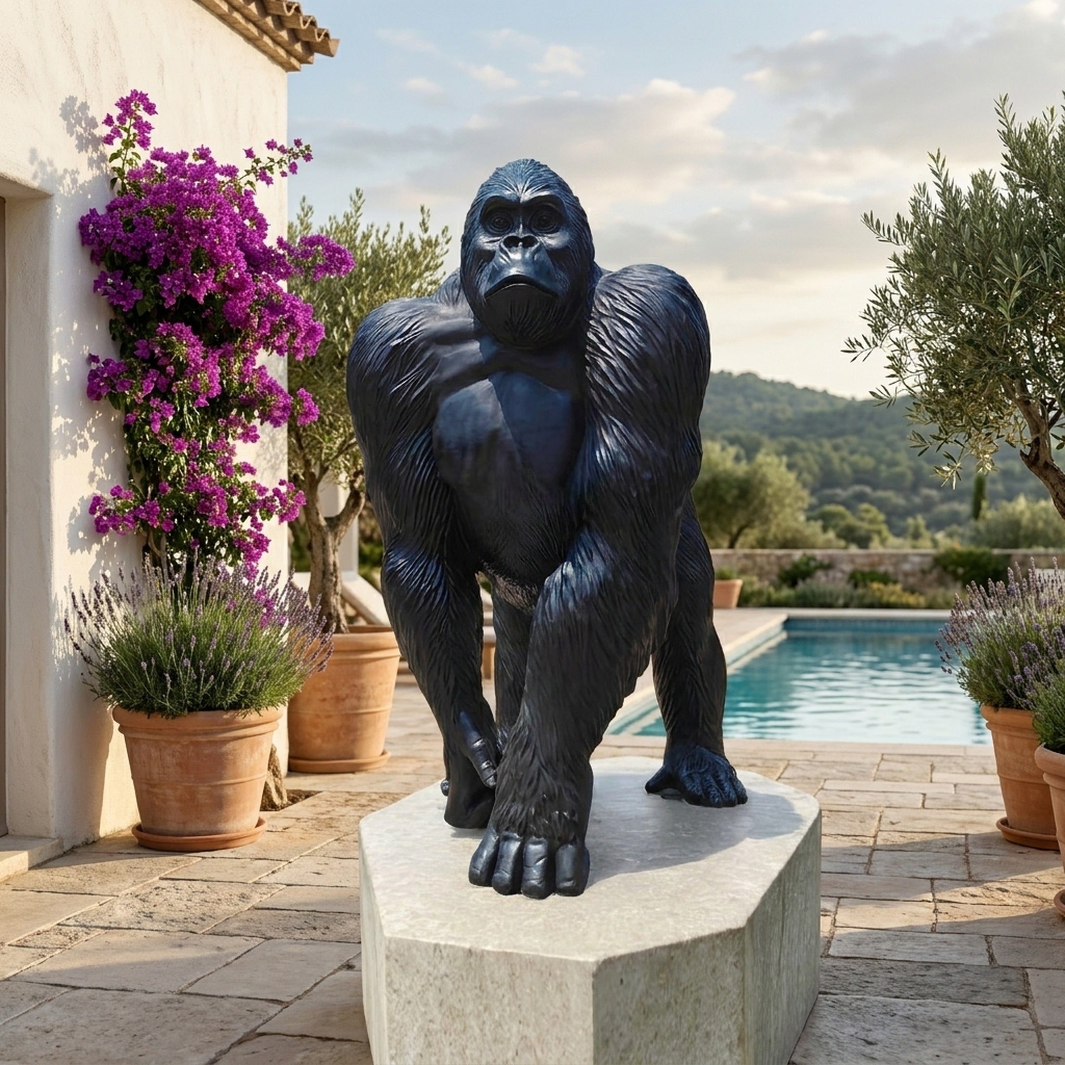 Life-Size Knuckle-Walking Gorilla Bronze Sculpture by Giant Sculptures on a stone plinth beside a poolside terrace with bougainvillea and olive trees.