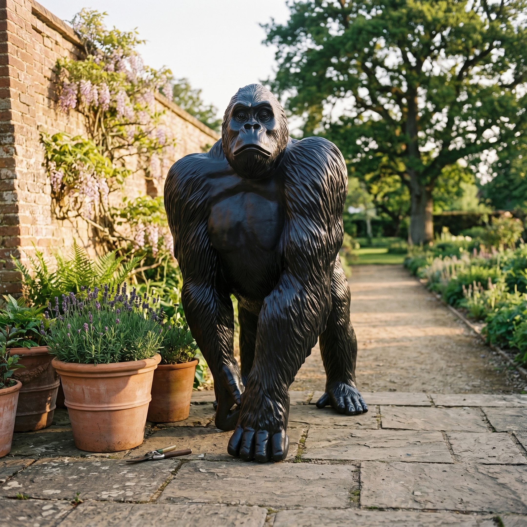 Life-Size Knuckle-Walking Gorilla Bronze Sculpture by Giant Sculptures, dark patina finish, posed on a stone garden path beside lavender pots and a brick wall.