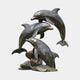 Life-Size Contemporary Leaping Dolphins Bronze Fountain by Giant Sculptures, three dolphins arching diagonally upward from a rocky base, shown on a plain background.