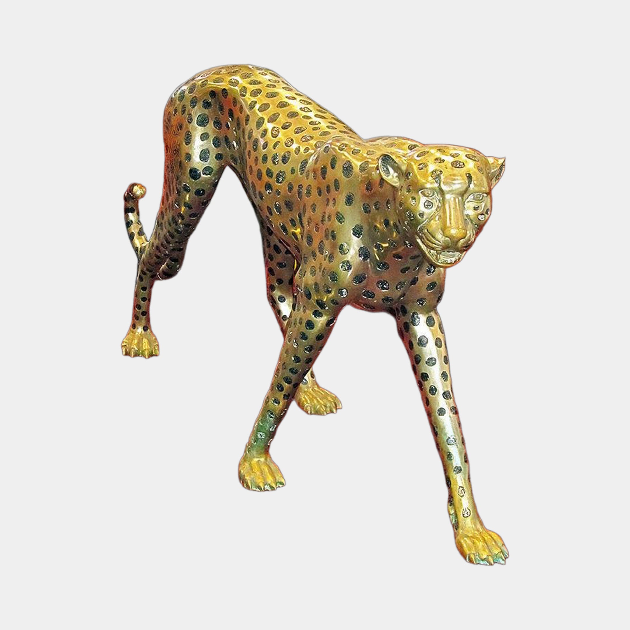 Life-Size Contemporary Leopard Bronze Sculpture by Giant Sculptures in polished gold with black rosettes, shown mid-stalk on four paws against a plain background.