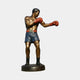 Life-Size Contemporary Male Boxer Bronze Sculpture by Giant Sculptures, shown mid-jab in red gloves and blue shorts on an oval base against a light background.