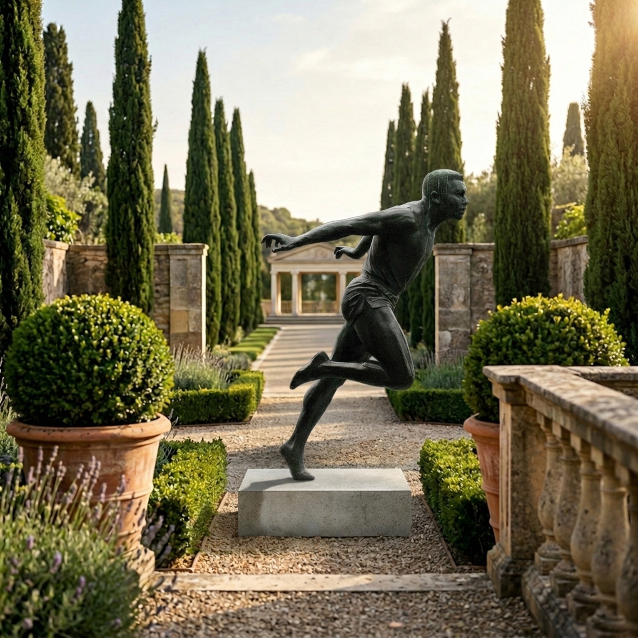 Life-Size Contemporary Male Runner Bronze Sculpture by Giant Sculptures with dark patina, mid-sprint pose on a stone plinth in a cypress-lined garden path.