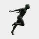 Life-Size Contemporary Male Runner Bronze Sculpture by Giant Sculptures, shown mid-sprint with arms swept wide and one knee driven high, dark patina finish.