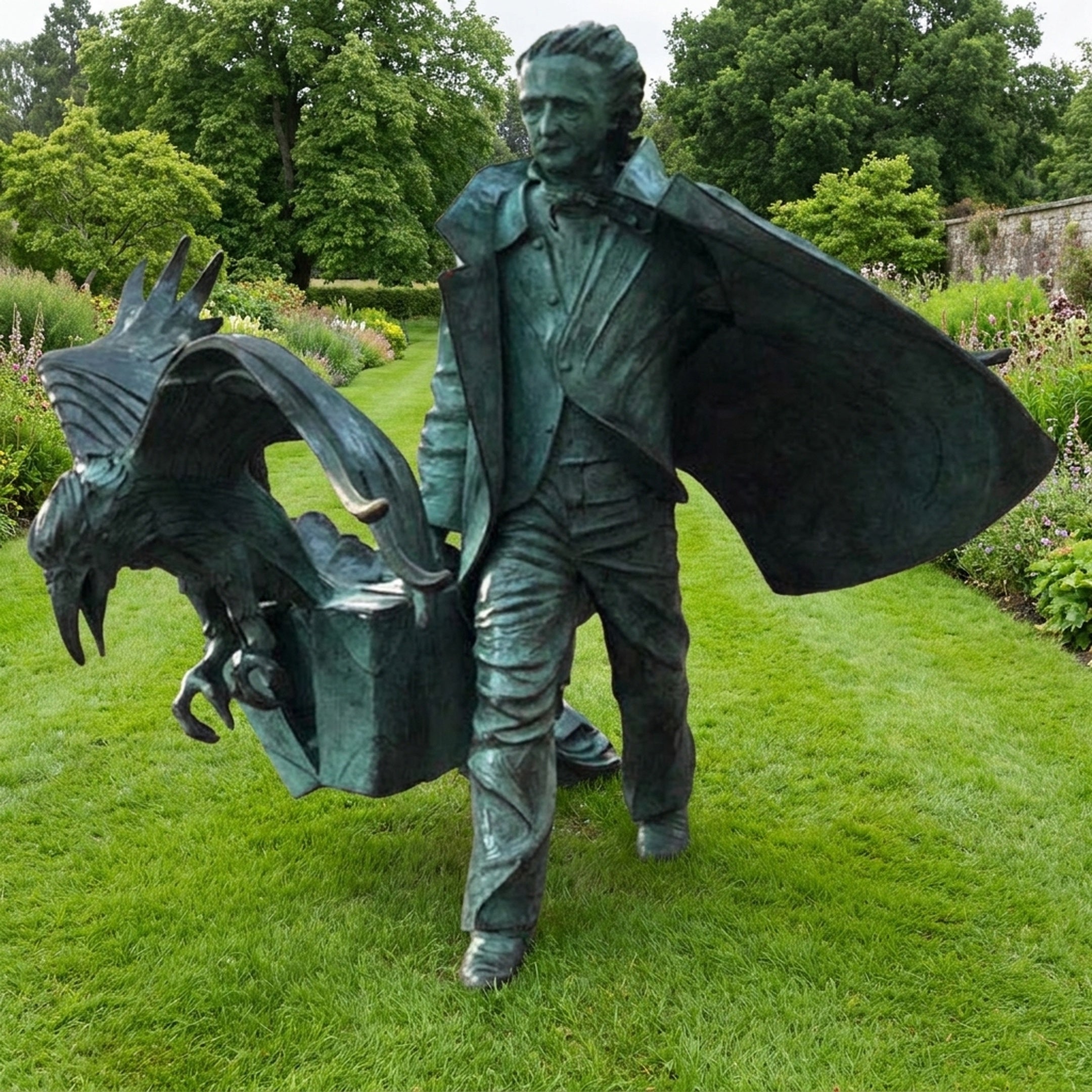 Life-Size Contemporary Man and Eagle Bronze Sculpture by Giant Sculptures, verdigris-finished figure in a flowing coat with an eagle rising from a trunk, set on a garden lawn.