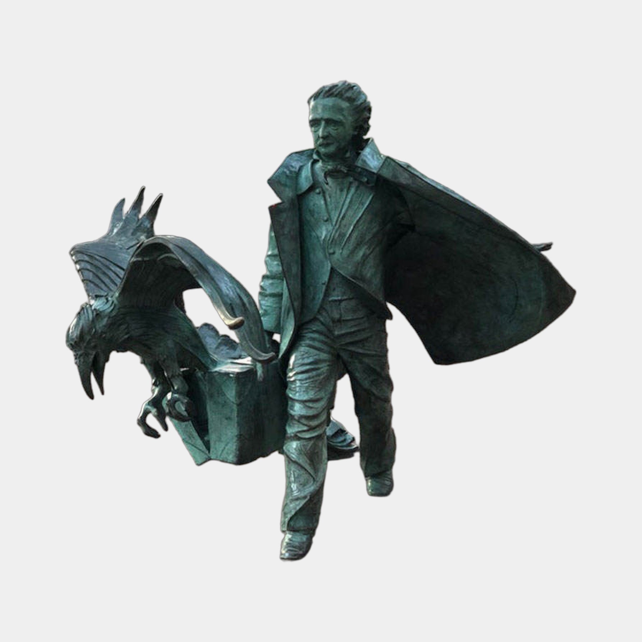Giant Sculptures' 200cm Life-Size Contemporary Man and Eagle Bronze Sculpture in verdigris patina, showing a striding caped figure beside an eagle rising from a trunk.