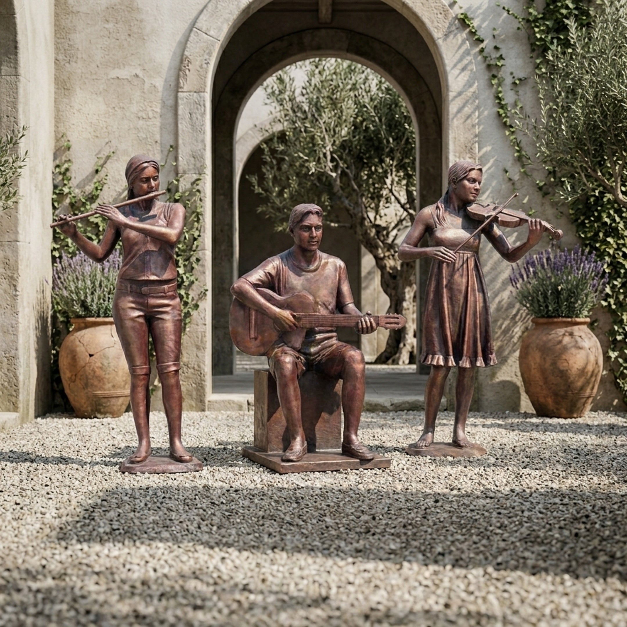 Life-Size Contemporary Musician Trio Bronze Sculpture by Giant Sculptures, flutist, seated guitarist and violinist in warm patina, set on gravel by a stone archway.