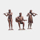 Life-Size Contemporary Musician Trio Bronze Sculpture by Giant Sculptures, 210cm, featuring a flutist, seated guitarist, and violinist in warm reddish-brown patina.