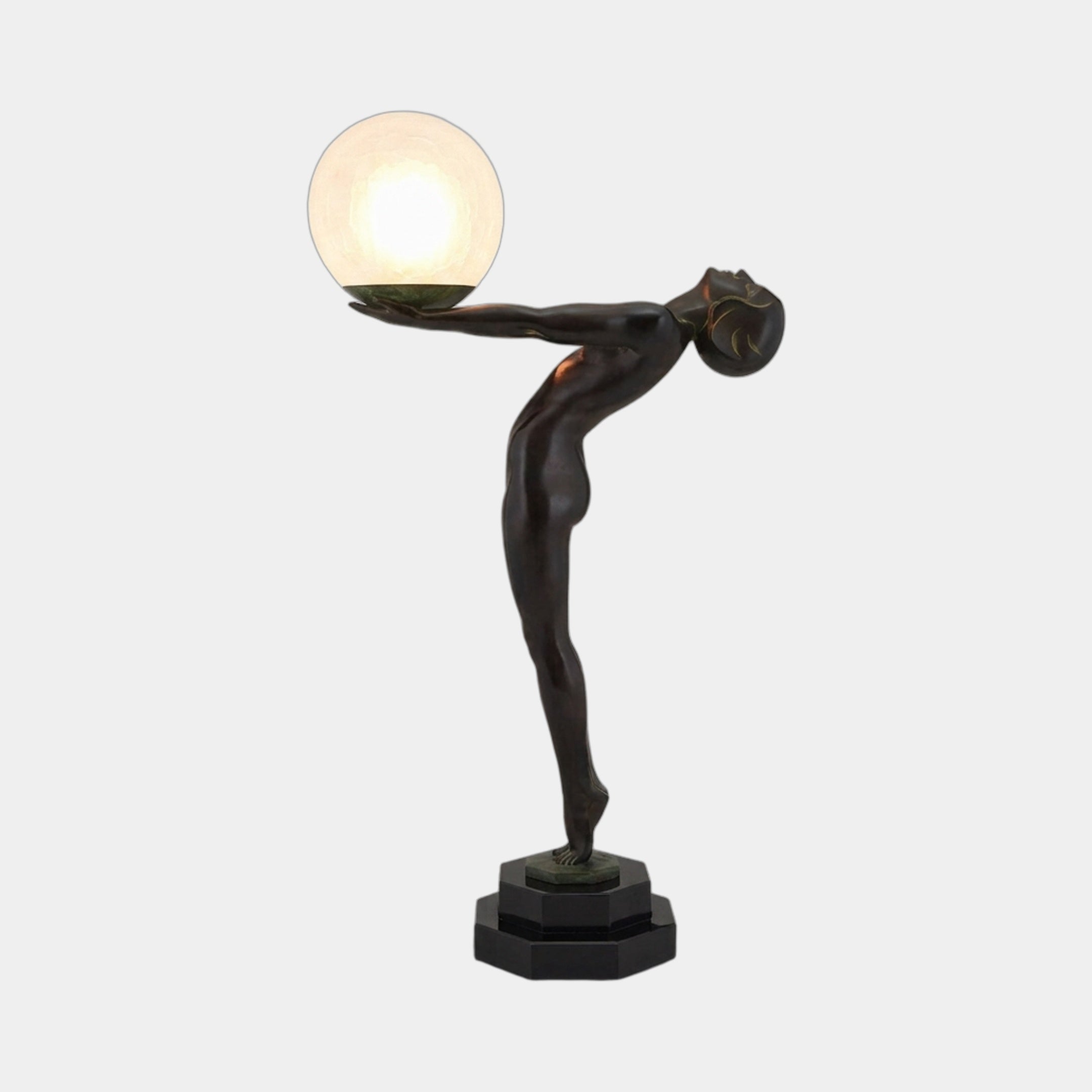 Giant Sculptures Life-Size Contemporary Nude Female Figure Bronze Sculpture 210cm, leaning forward to hold a frosted glass globe lamp, on a black hexagonal plinth.