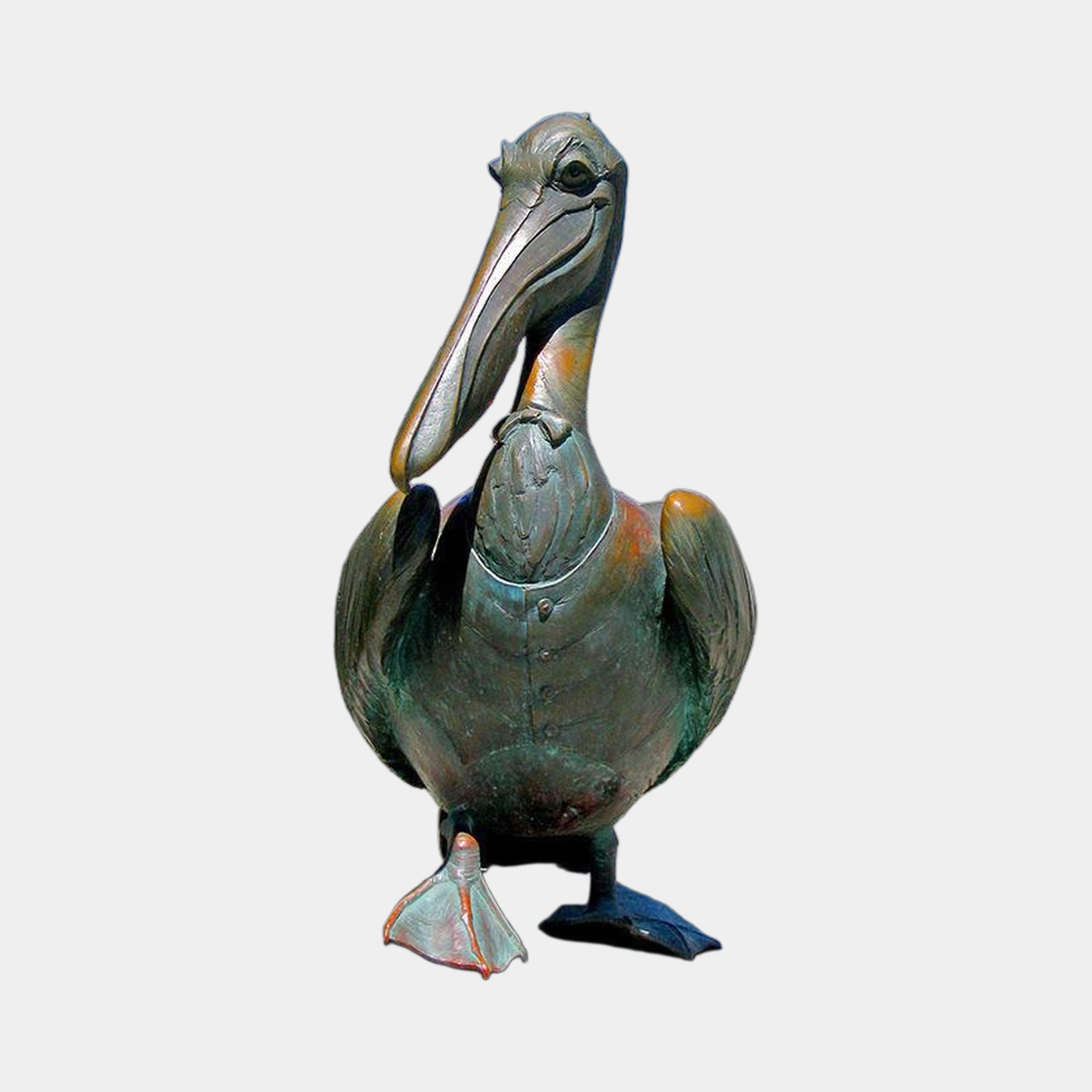 Life-Size Contemporary Pelican Bronze Sculpture by Giant Sculptures, shown frontally in a buttoned waistcoat with verdigris patina and orange-toned webbed feet.