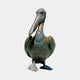 Life-Size Contemporary Pelican Bronze Sculpture by Giant Sculptures, shown frontally in a buttoned waistcoat with verdigris patina and orange-toned webbed feet.