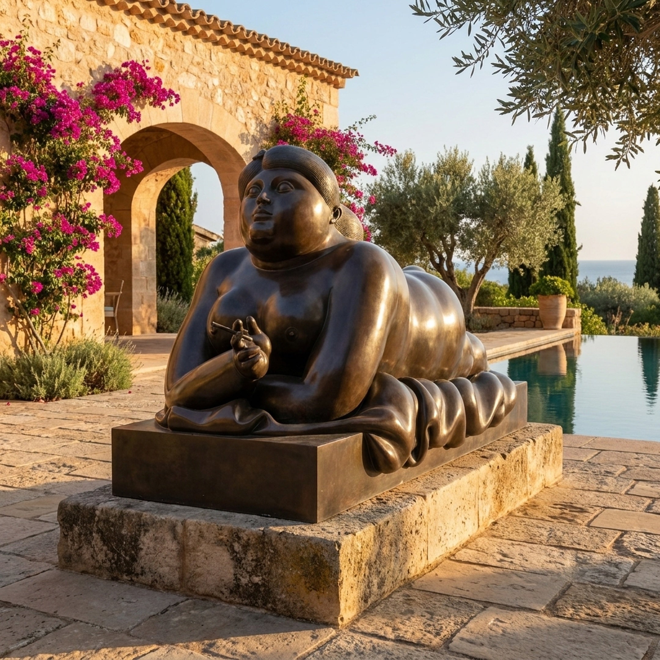 Life-Size Contemporary Reclining Female Figure Bronze Sculpture by Giant Sculptures, dark patina, on a stone plinth beside a poolside terrace with bougainvillea.