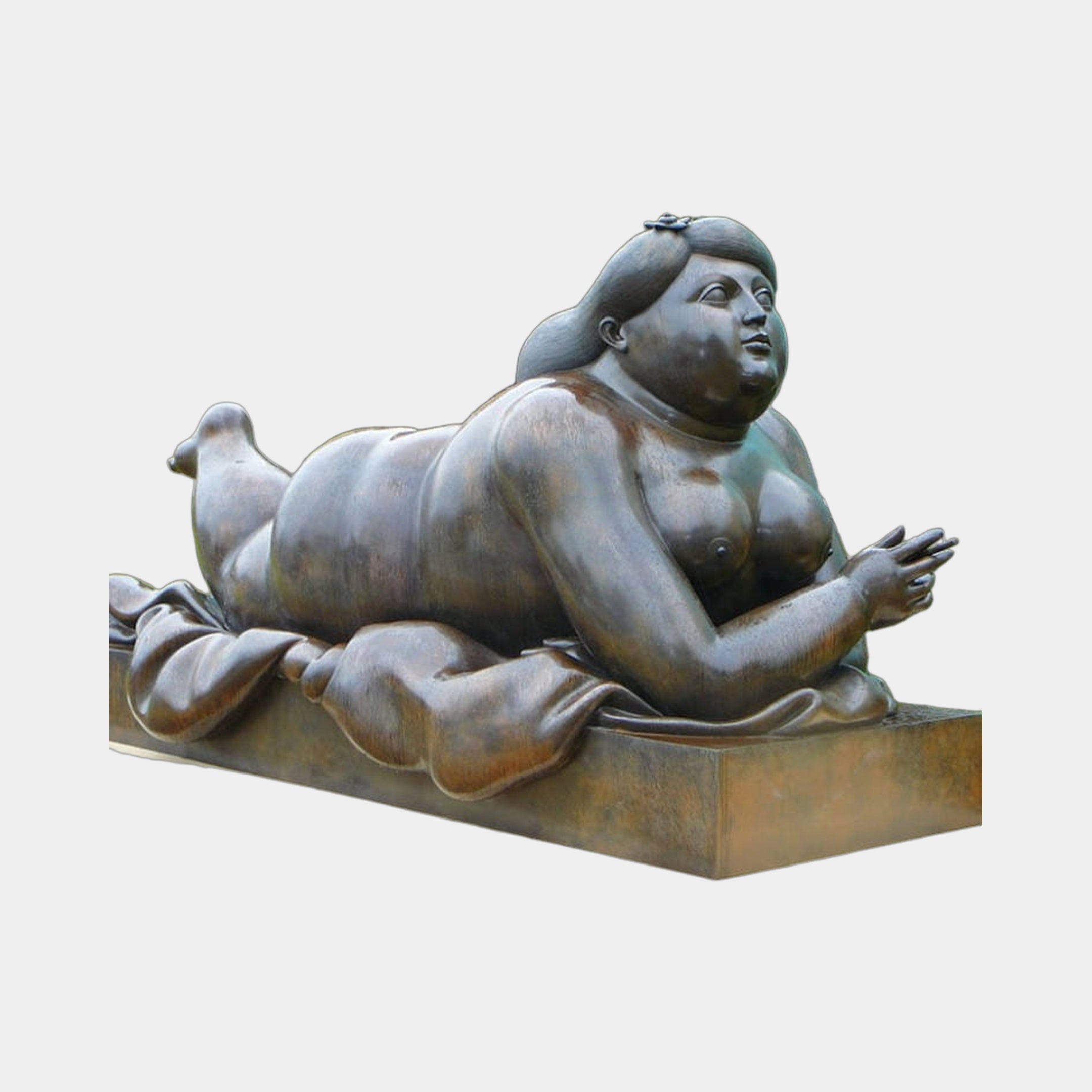 Giant Sculptures Life-Size Contemporary Reclining Woman Bronze Sculpture 200cm, full-figured nude propped on left elbow with dark brown patina, on a rectangular plinth.
