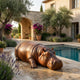 Life-Size Contemporary Resting Hippopotamus Bronze Sculpture by Giant Sculptures with warm reddish-brown patina, lying beside a pool in a Mediterranean courtyard.